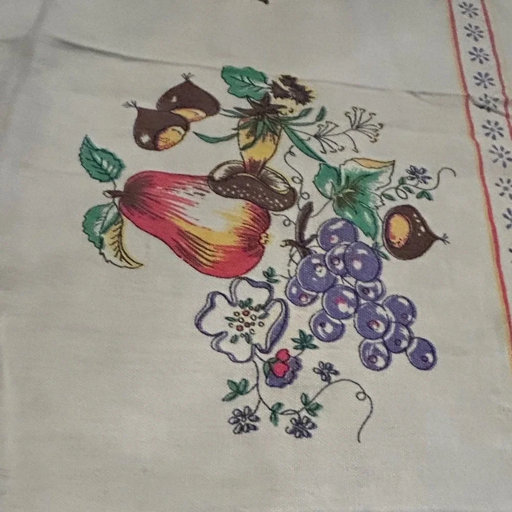 Vintage 80s Tea Towel Mushroom Fruit Botanical Cotton Cottagecore Farmhouse